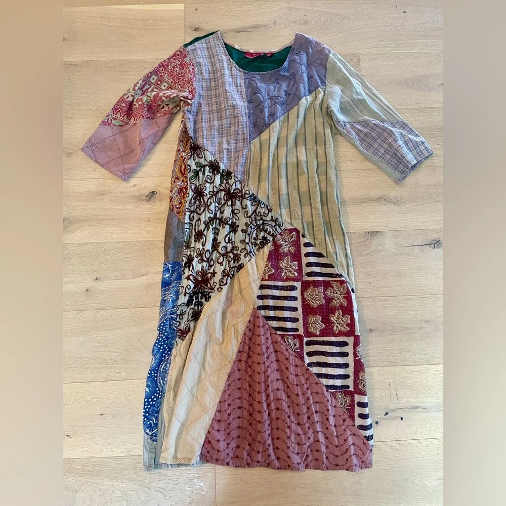 Vintage Sacred Threads Multicolor Patchwork Maxi Dress, House Coat Mumu Boho, L - Picture 7 of 7